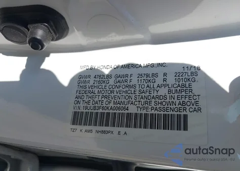 2019 Acura Tlx Tech A-Spec Pkgs from USA, damaged, VIN 19UUB3F60KA006064